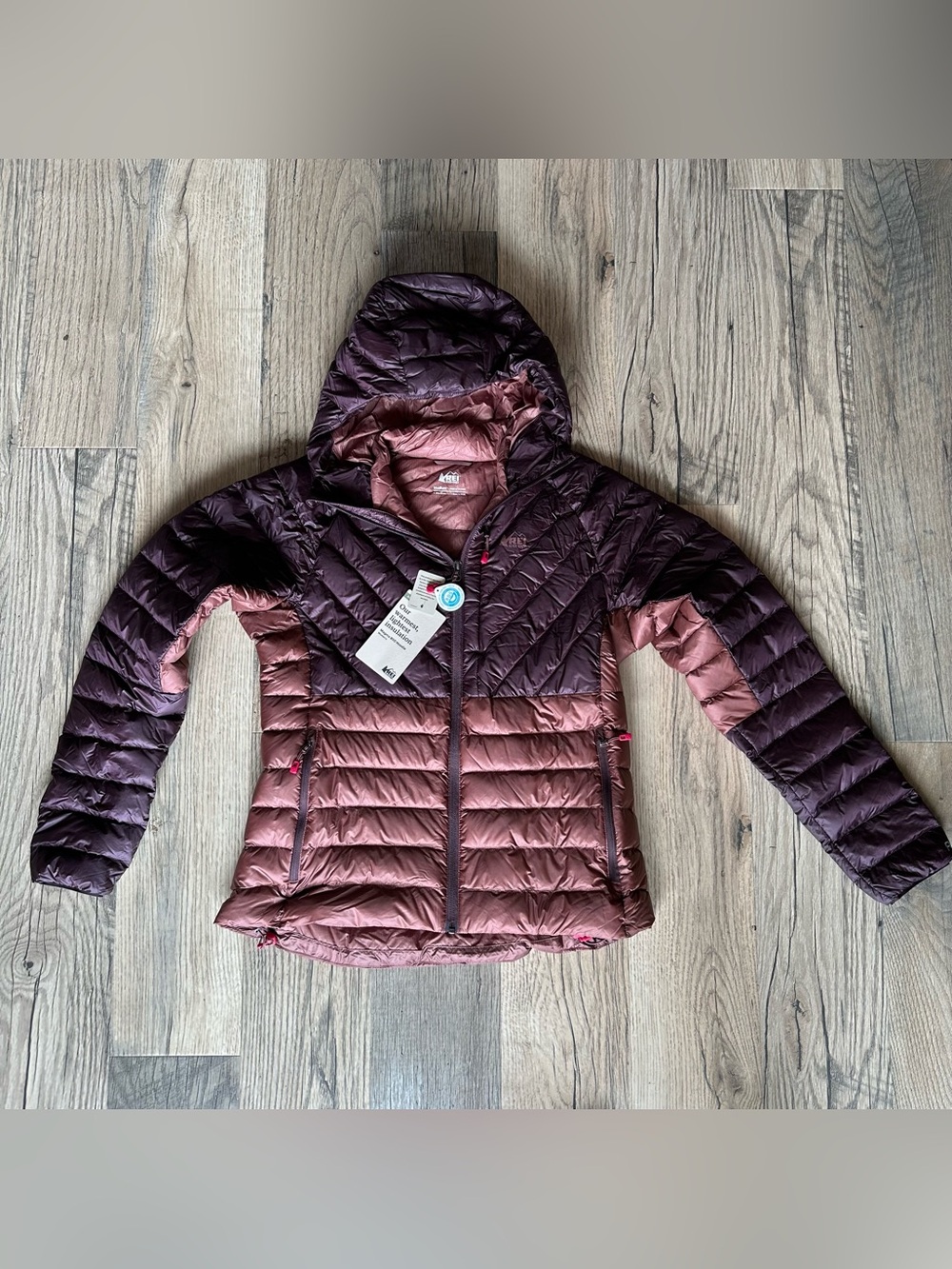 NWT REI Two-Tone Women's Hooded Puffy Jacket - Plum & Dusty Rose